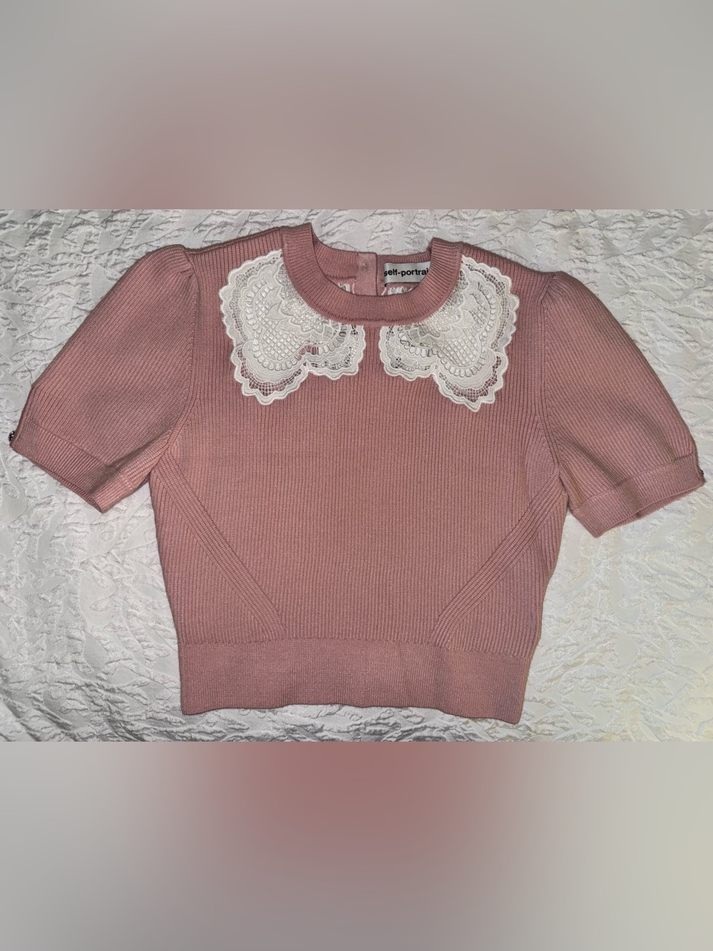NWT Self Portrait Guipure Lace Detail Short Sleeved Sweater w/Crystal Buttons